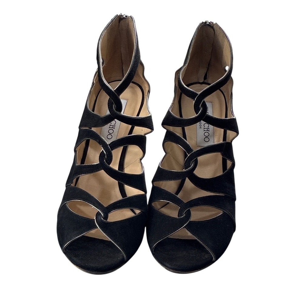 Jimmy Choo Black Strappy Suede Heels Sandals EU 38.5 Stiletto Cage Heels